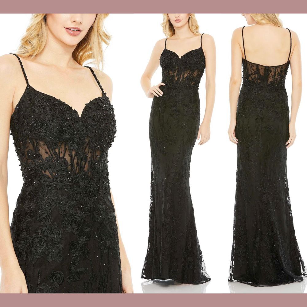 NWT $698 Mac Duggal [ 12 ] 20429 Embellish Sleeveless Illusion Bodice Gown Black